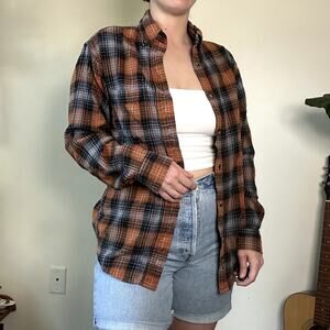 Haggar Orange & Brown Plaid Flannel Button Down Top Sz S